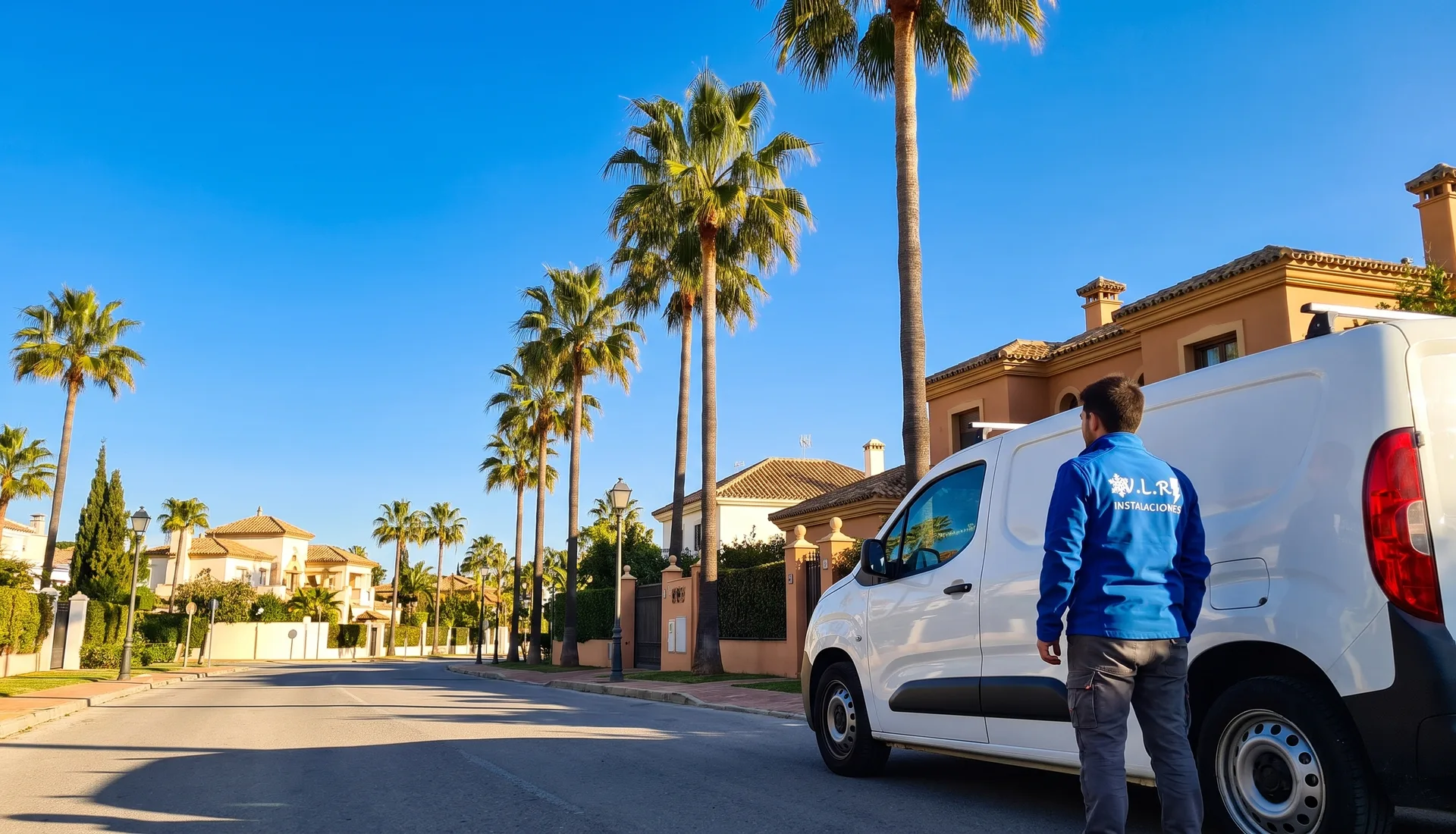 Electricista de VLR Instalaciones junto a la furgoneta en una calle de Málaga