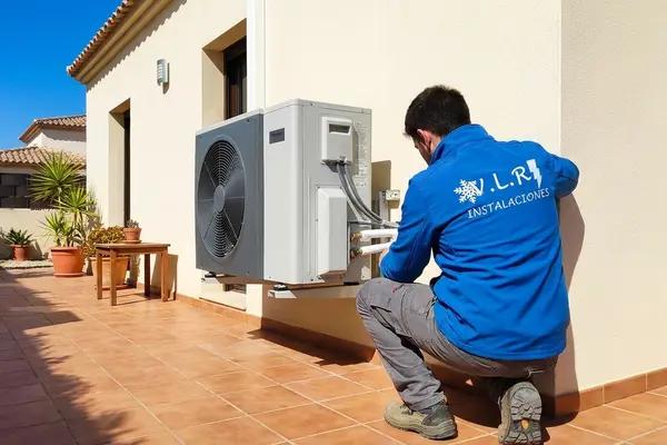 Electricista de VLR Instalaciones revisando la unidad exterior de una aerotermia