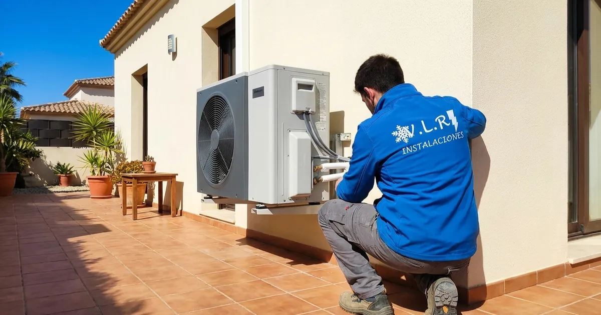 Electricista de VLR Instalaciones revisando la unidad exterior de una aerotermia