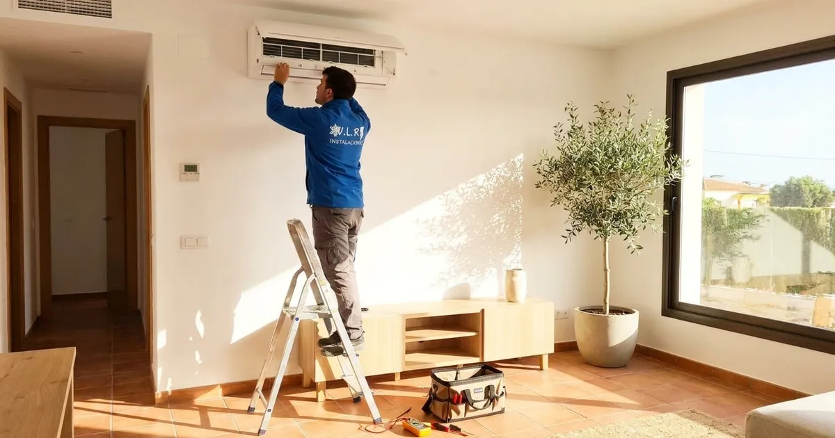 Técnico de VLR Instalaciones revisando un aire acondicionado en una vivienda de Málaga en verano