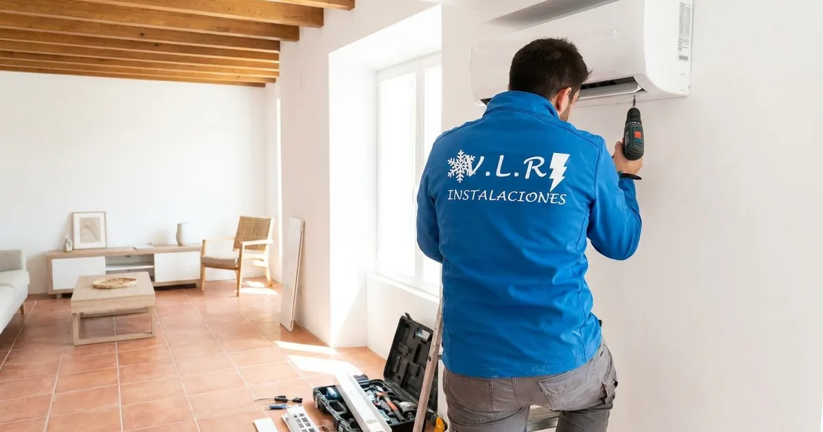 Electricista de VLR Instalaciones instalando un aire acondicionado split en una vivienda de Málaga