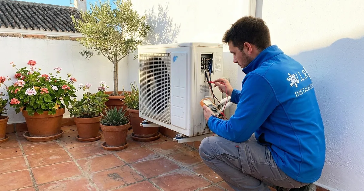 Electricista de VLR Instalaciones revisando la unidad exterior de un aire acondicionado en una vivienda de Málaga