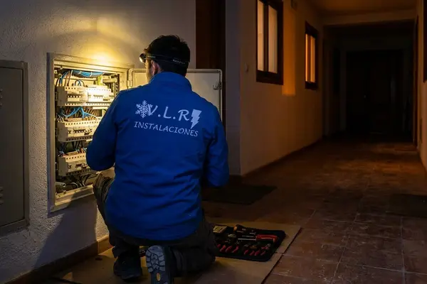 Electricista de VLR Instalaciones revisando un cuadro eléctrico con una linterna durante un apagón