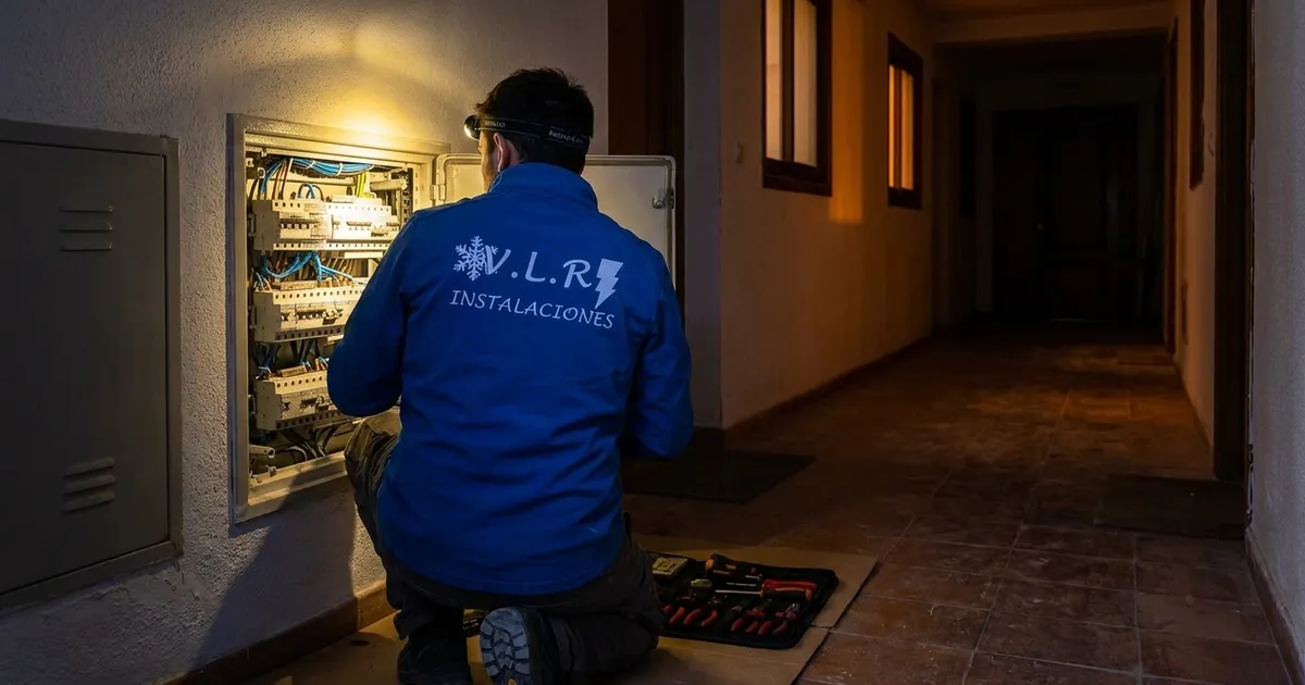 VLR Instalaciones electrician checking a consumer unit by torchlight during a power cut