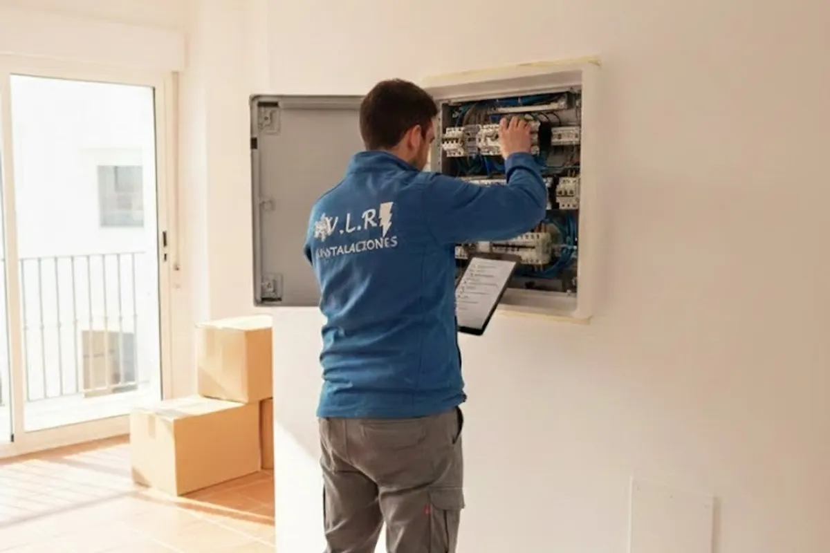 Técnico de VLR Instalaciones revisando una instalación eléctrica para boletín