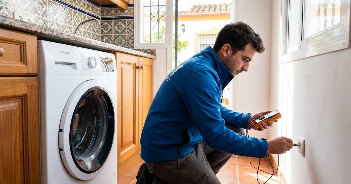 Electricista de VLR Instalaciones midiendo la continuidad de la toma de tierra en un enchufe de cocina en una vivienda de Málaga