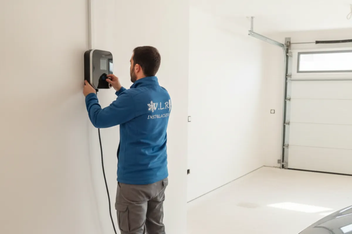 Técnico de VLR Instalaciones instalando un cargador de coche eléctrico en un garaje