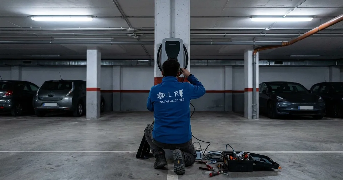 Electricista de VLR Instalaciones instalando un cargador de coche eléctrico en un garaje comunitario