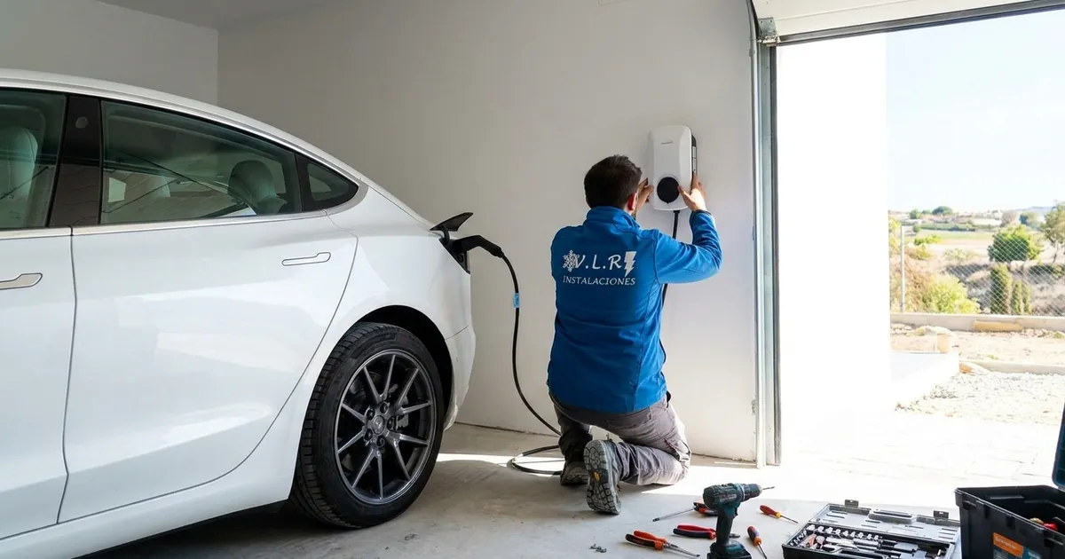 VLR Instalaciones electrician adjusting an electric car charge point in a home garage in Málaga