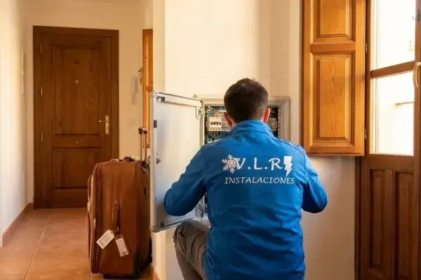 Electricista de VLR Instalaciones revisando el cuadro eléctrico de una vivienda antes de las vacaciones