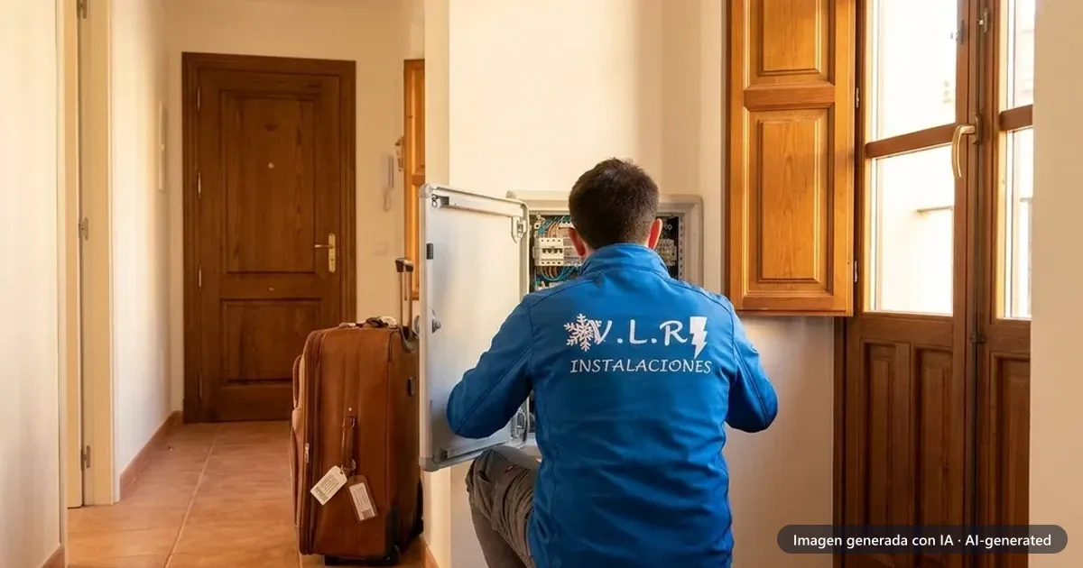 Electricista de VLR Instalaciones revisando el cuadro eléctrico de una vivienda antes de las vacaciones