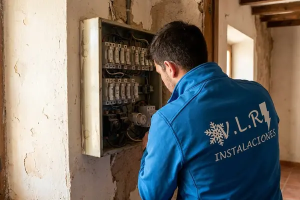 Electricista de VLR Instalaciones inspeccionando un cuadro eléctrico antiguo con fusibles de porcelana