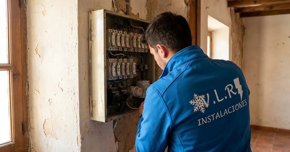 Electricista de VLR Instalaciones inspeccionando un cuadro eléctrico antiguo con fusibles de porcelana