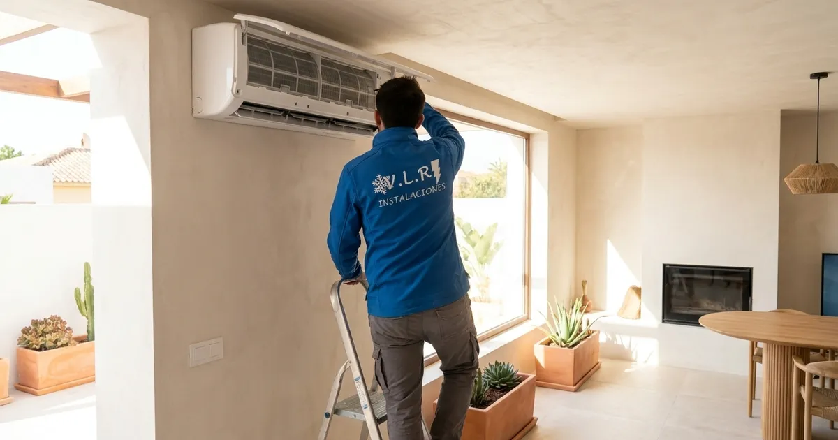 VLR Instalaciones electrician checking a wall-mounted split air conditioning unit in the living room of a Málaga home