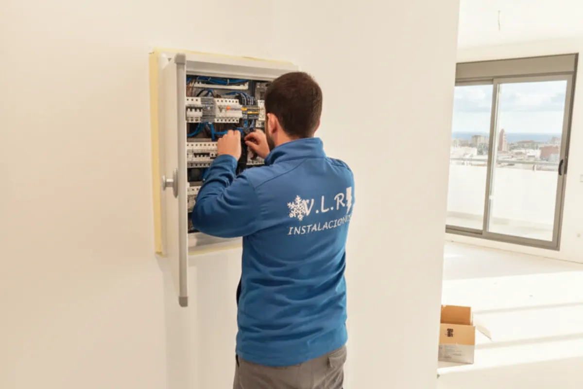 Técnico de VLR Instalaciones trabajando en un cuadro eléctrico