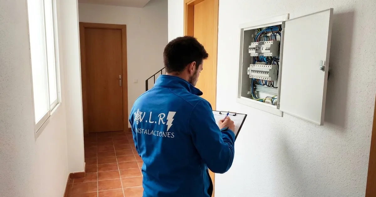 VLR Instalaciones electrician writing up a quote beside the consumer unit of a home in Málaga