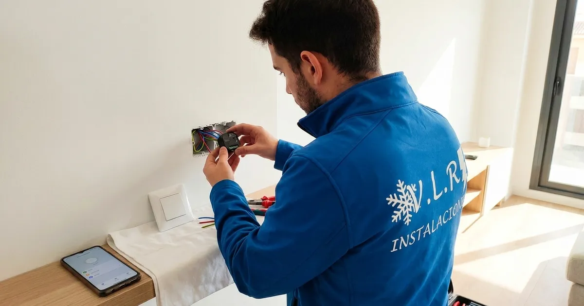 Electricista de VLR Instalaciones instalando un módulo domótico en la caja de un interruptor de una vivienda
