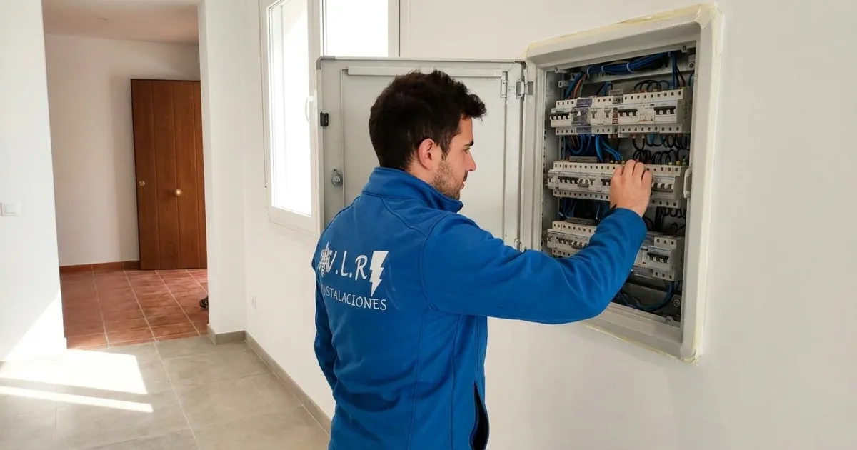 Electricista de VLR Instalaciones revisando el cuadro eléctrico moderno de una vivienda en Málaga