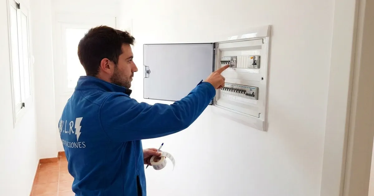 Electricista de VLR Instalaciones señalando los interruptores de un cuadro eléctrico abierto en el pasillo de una vivienda