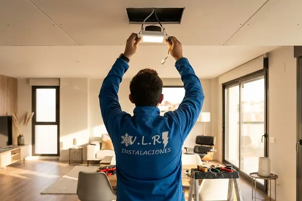 Electricista de VLR Instalaciones instalando un foco LED empotrado en el techo de un salón