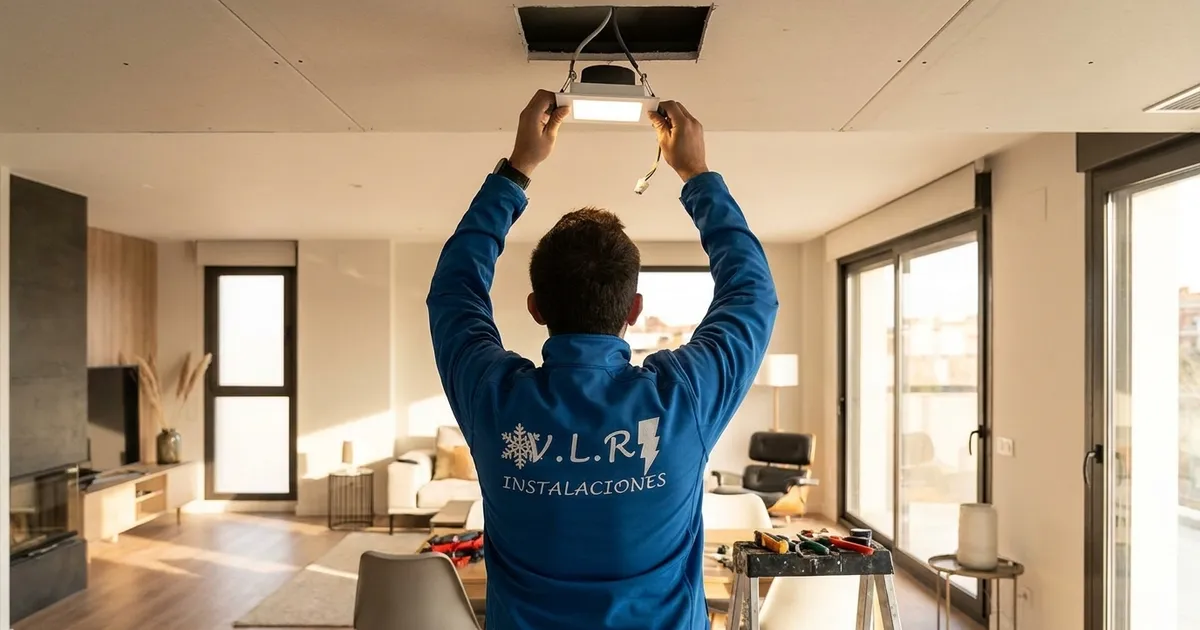 VLR Instalaciones electrician installing a recessed LED downlight in a living room ceiling