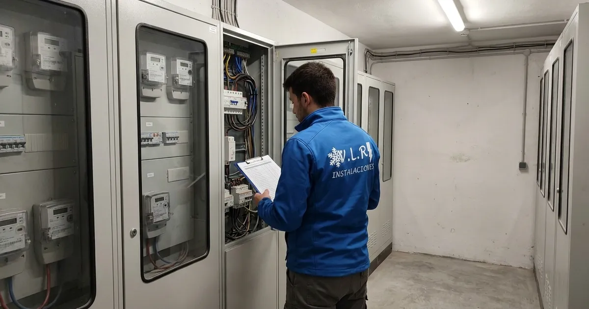 VLR Instalaciones electrician checking the communal meter room of an apartment building against a checklist