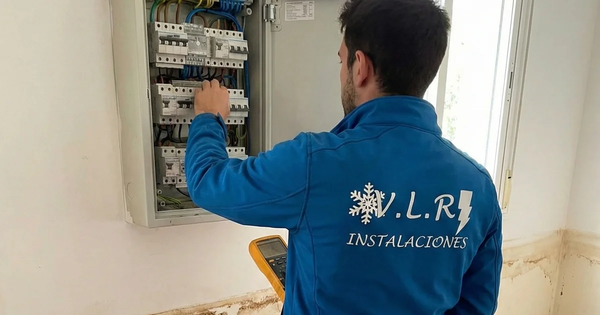 VLR Instalaciones technician checking electrical panel with flood damage marks visible on wall