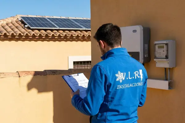 Electricista revisando la documentación junto al inversor de una instalación de placas solares
