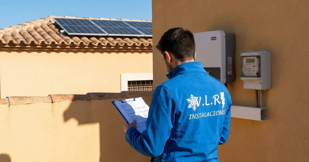 Electrician reviewing paperwork beside the inverter of a solar panel installation