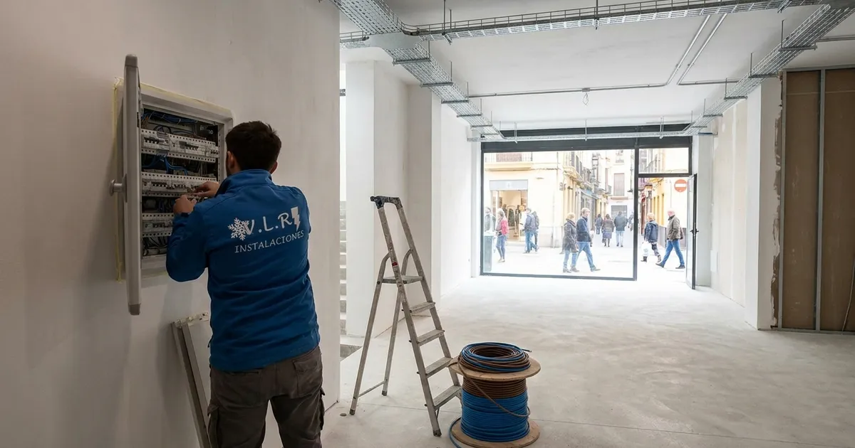 VLR Instalaciones electrician working on the distribution board of a commercial unit being fitted out in Málaga