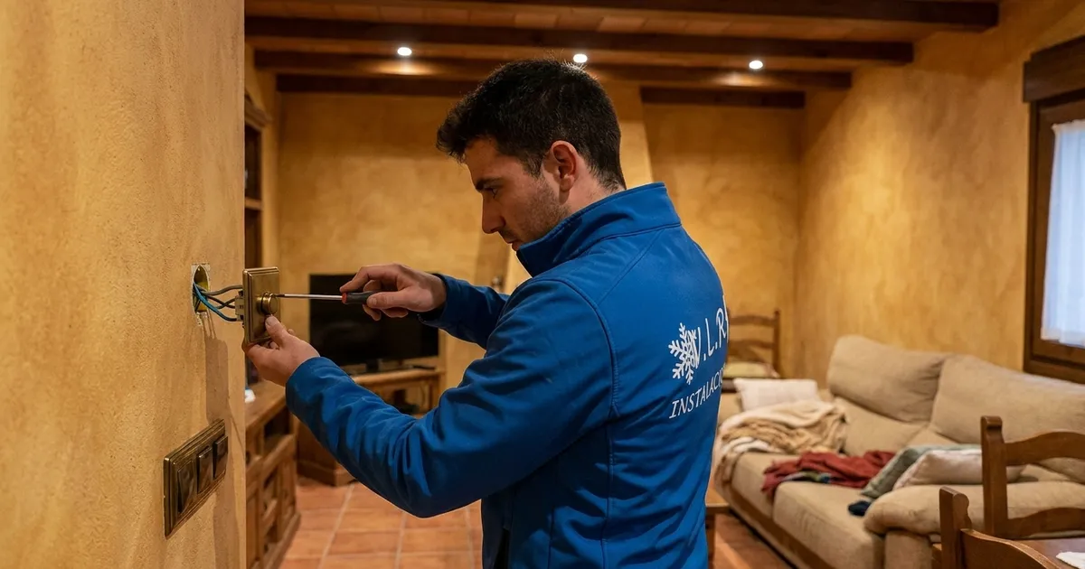 VLR Instalaciones electrician checking an LED dimmer switch in the living room of a home in Málaga