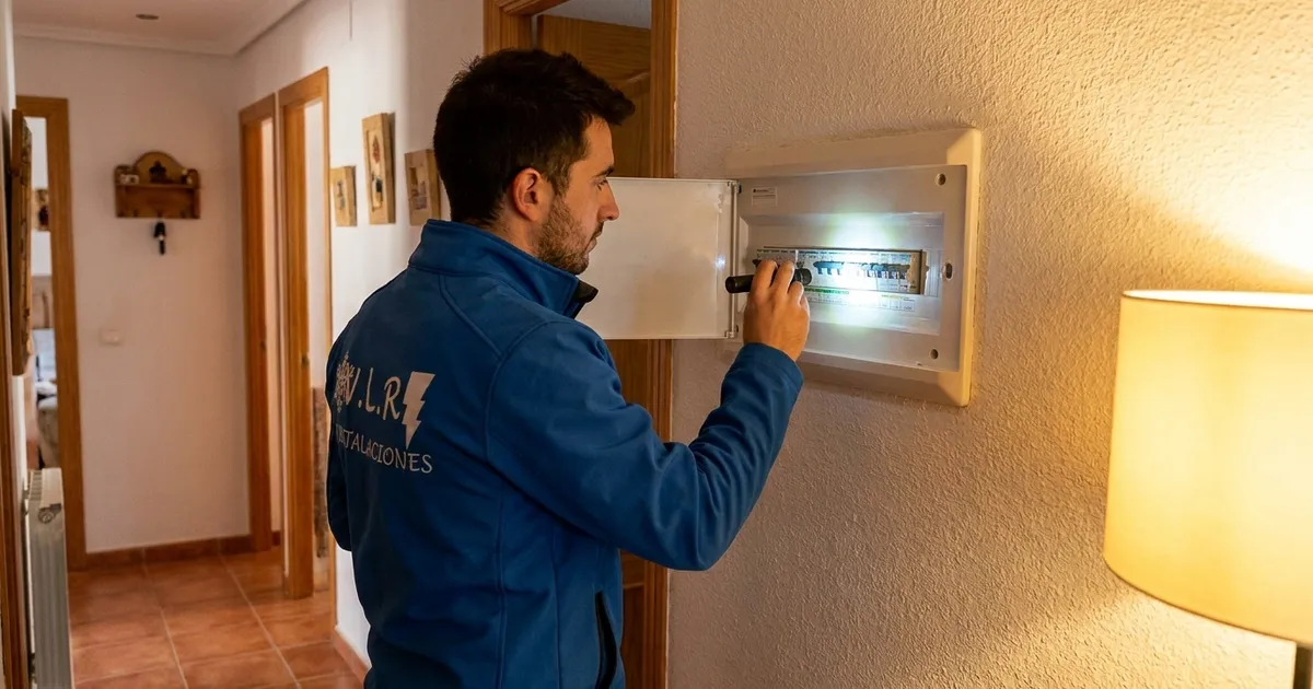 Electricista de VLR Instalaciones comprobando con una linterna qué magnetotérmico ha saltado en el cuadro eléctrico de una vivienda