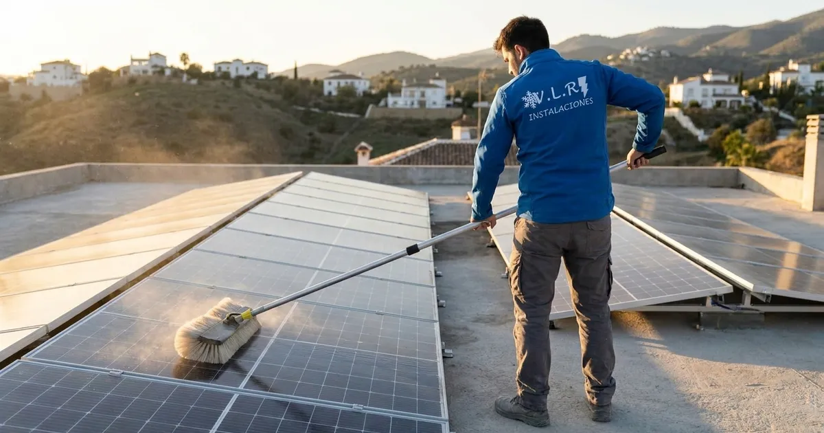 VLR Instalaciones electrician cleaning and inspecting solar panels on the roof of a home in Málaga