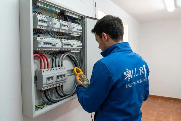 Electricista de VLR Instalaciones midiendo con una pinza amperimétrica en el cuadro eléctrico de una vivienda unifamiliar
