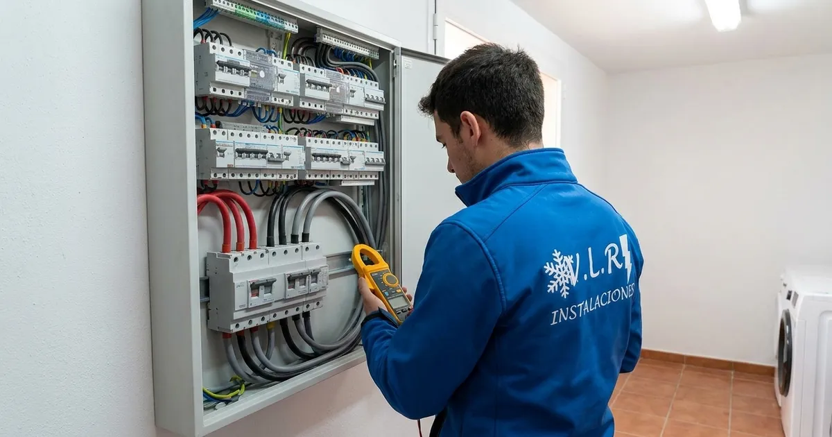 VLR Instalaciones electrician taking a clamp meter reading at the electrical board of a detached house