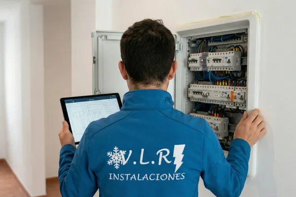 Electricista revisando un cuadro eléctrico moderno con diferenciales tipo A y protectores de sobretensiones