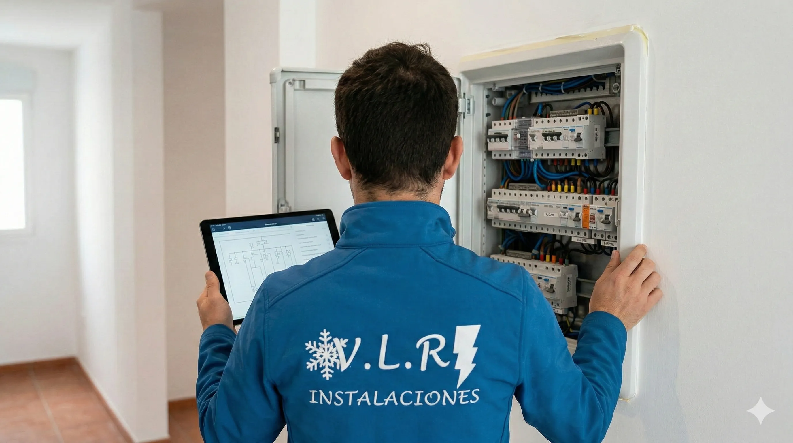 Electrician inspecting a modern electrical panel with type A RCDs and surge protectors