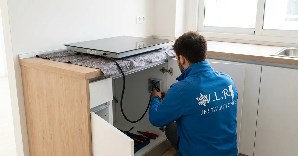 VLR Instalaciones electrician connecting an induction hob to the connection point inside a kitchen cabinet
