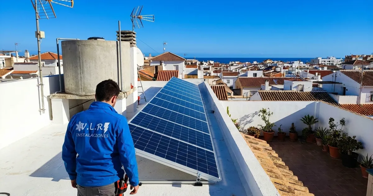 VLR Instalaciones electrician checking solar panels installed on the roof terrace of an apartment building on the Málaga coast