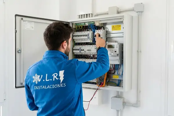 Electricista revisando el interruptor de control de potencia en un cuadro eléctrico