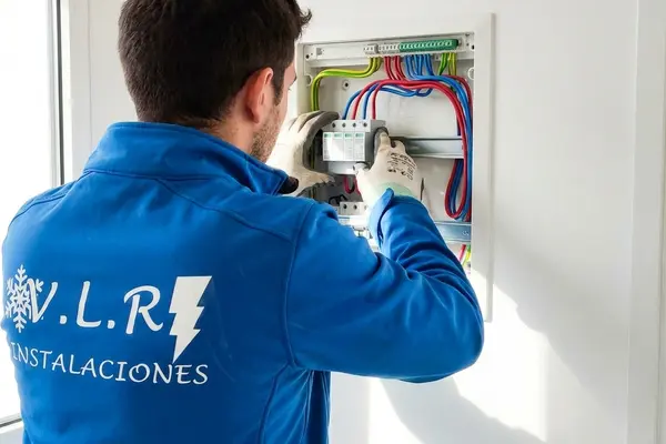 Electricista de VLR Instalaciones instalando un protector de sobretensiones tipo 2 en un cuadro eléctrico