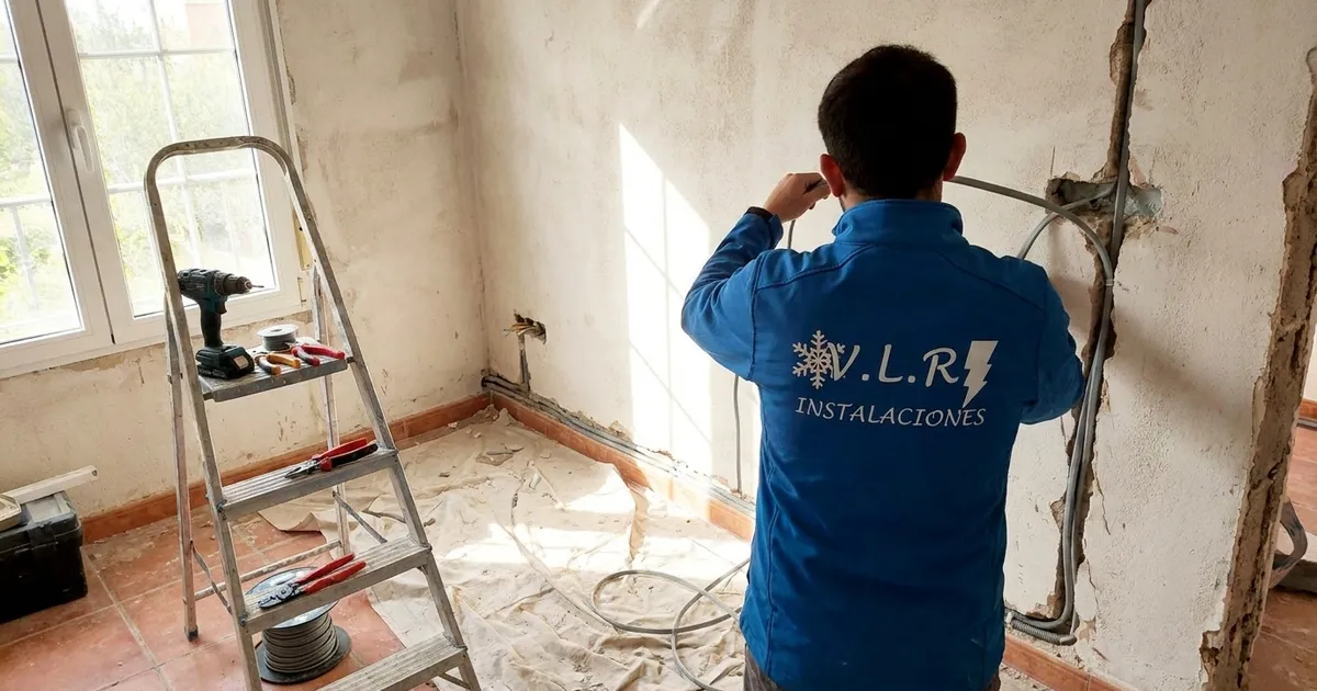 VLR Instalaciones electrician drawing new cable through a chased channel during a rewire in a Málaga property