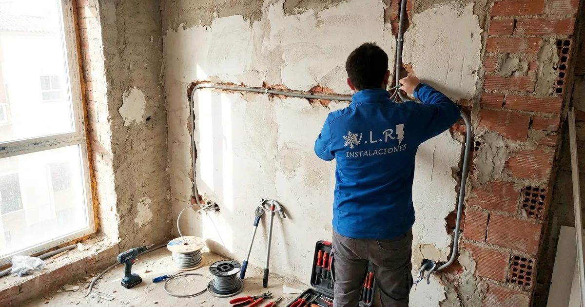 Electricista de VLR Instalaciones pasando cableado nuevo durante la reforma eléctrica de una vivienda