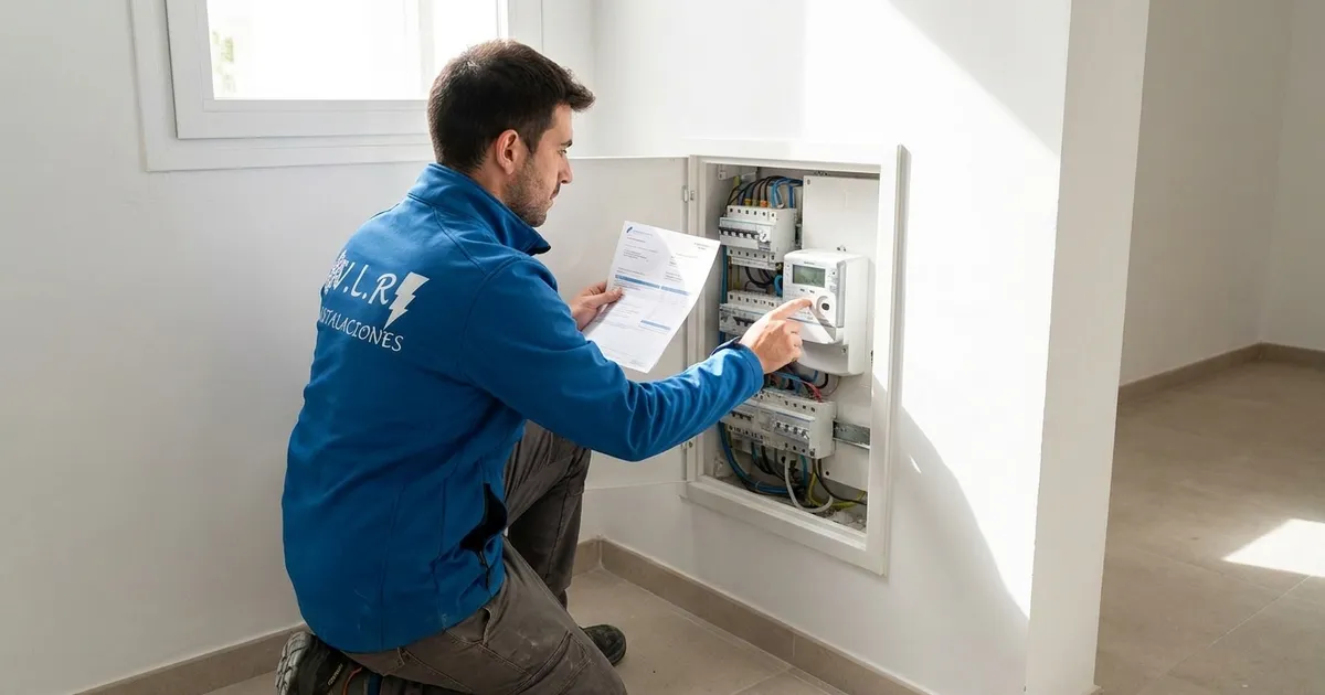 VLR Instalaciones electrician checking a digital electricity meter in the meter room of a building in Málaga