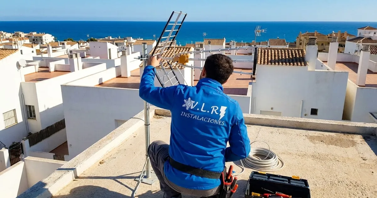 Técnico de VLR Instalaciones revisando la antena de televisión en la azotea de un edificio en Málaga