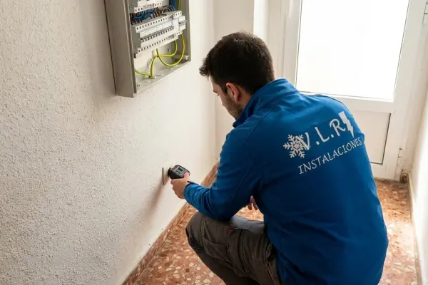 Electricista de VLR Instalaciones comprobando la toma de tierra de un enchufe con un comprobador, junto al cuadro eléctrico