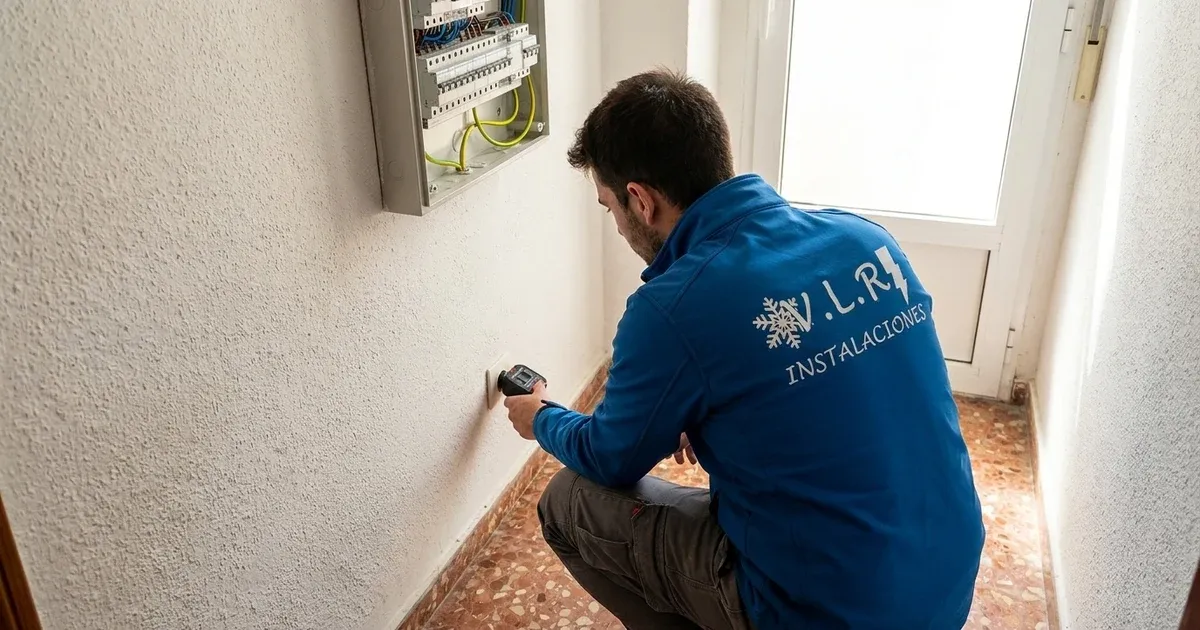 Electricista de VLR Instalaciones comprobando la toma de tierra de un enchufe con un comprobador, junto al cuadro eléctrico