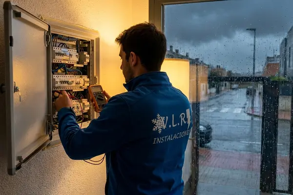 Electricista de VLR Instalaciones revisando un cuadro eléctrico con un multímetro mientras llueve con fuerza al otro lado de la ventana