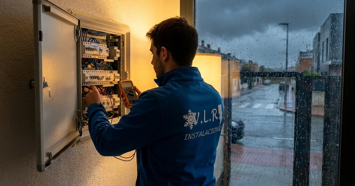 VLR Instalaciones electrician checking a consumer unit with a multimeter while heavy rain runs down the window behind him