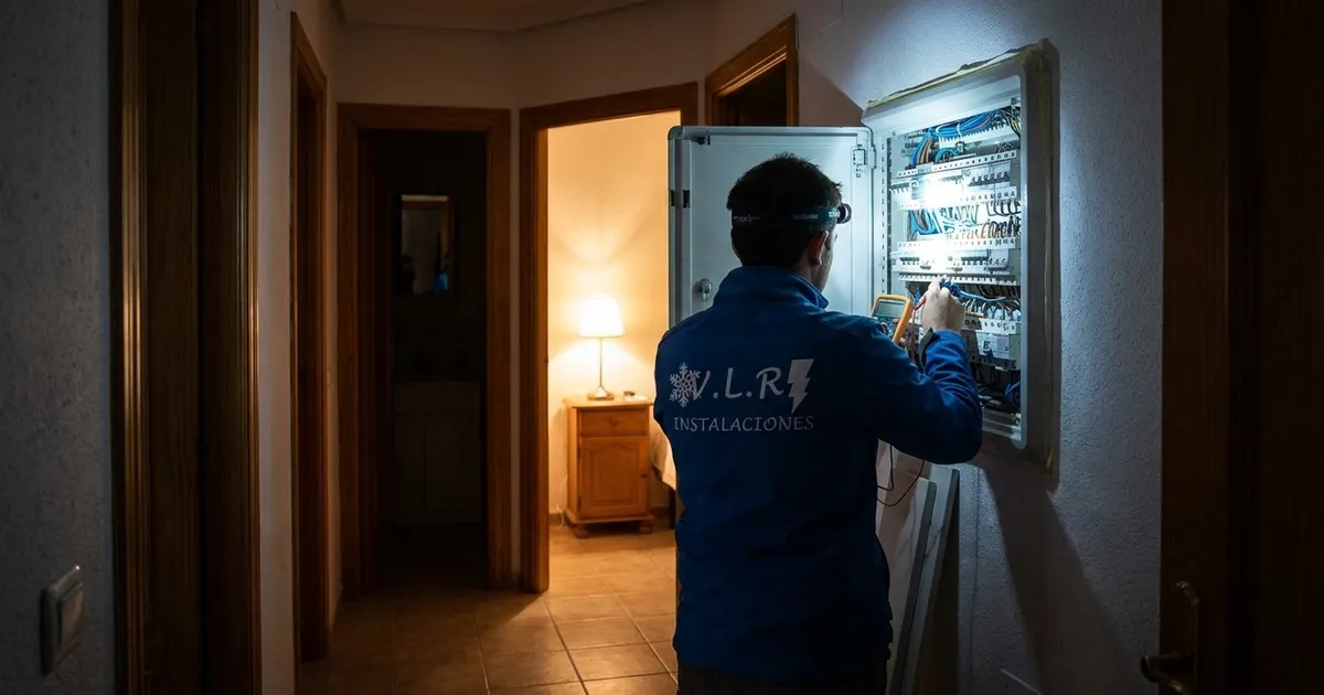 Electricista de VLR Instalaciones revisando de noche un cuadro eléctrico con frontal y multímetro en el pasillo de una vivienda